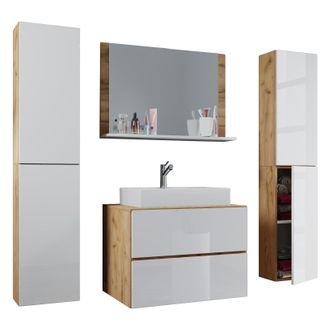 ebuy24 Vcm 5pcs Lavabo Lavabo Gabinete Inferior Ancho 80 Cm Muebles De Ba&ntilde;o Conjunto Con Cajones Puertas Giratorias Espejo Lendas Xl (roble Miel / Blanco)