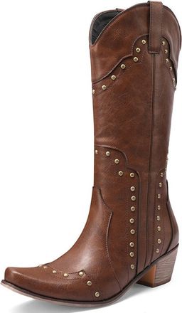 Generic Womens Western Cowboy Boots Mid-Calf PU Leather Denim Material Metal Stud Detail Pointed Toe Low Block Heels Stylish Comfortable Non-Slip Durable Desi