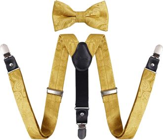 Alizeal Boys Adjustable Floral Paisley Pre-tied Bow Tie and Y Shape 3 Clips Braces Set, Golden Olive