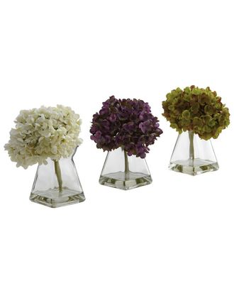 Nearly Natural Set Of 3 Hydrangeas With Vase