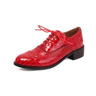 Generic Womens Lace Up Oxfords Shoes Low Block Heel Vintage Brogues Round Toe Office Dress Shoes,Red,10.5 UK