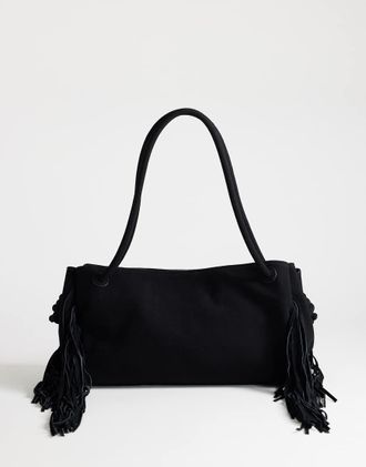 Topshop Maisie - Borsa da spalla grande nera con nappe in vera pelle-Nero