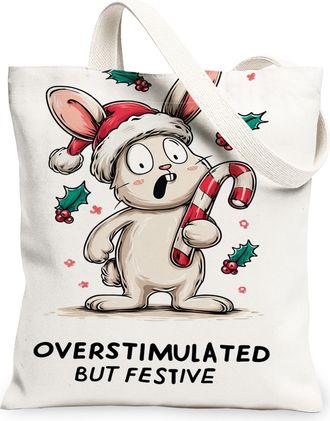 Generic Christmas Bunny Canvas Tote Bags, Cute Rabbit Design Reusable Grocery Bags, Winter Fanciful Lightweight Washable Shoulder S, White, 13x15 Inch