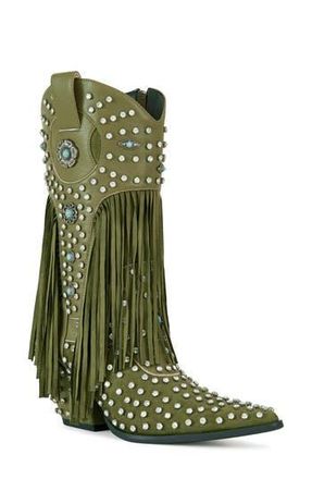 Azalea Wang Greyson Fringe & Stud Cowboy Boot in Olive at Nordstrom Rack, Size 7.5