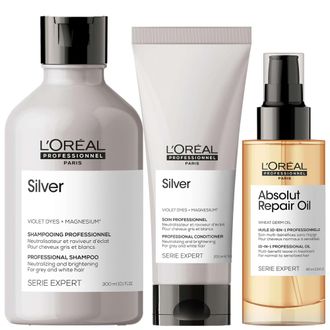 L&acute;Or&eacute;al Professionnel Womens Serie Expert Silver Trio - Purple Shampoo 300ml, Conditioner 200ml & 10-in-1 Leave-In Oil 90ml - One Size