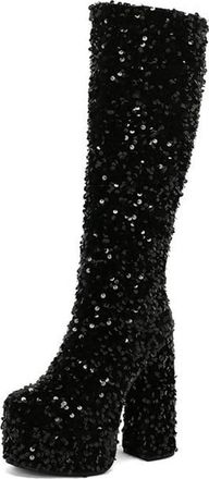 Generic Womens Sparkly Sequins Chunky Platform Knee High Boots Pull On Wide Calf Fashion Catwalk Party Dress Shoes (Black,7.5)