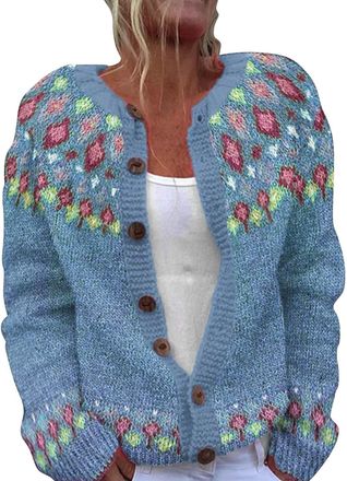 Generic Fair Isle Cardigan Womens Chunky Knit Button Down Sweater Cardigans Plush Art Floral Print Vintage Fair Isle Jumpers Jackets Ladies Plus Size Going Ou