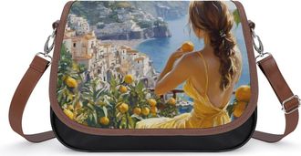 Generic Beautiful Woman Italy Coast Womens Leather Crossbody Bags with Adjustable Strap Casual Printed Shoulder Handbag