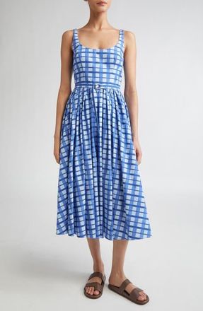 Emilia Wickstead Eglantine Belted Cotton Poplin Fit & Flare Dress in Painted Gingham Blue at Nordstrom, Size 10 Us