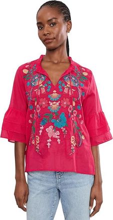 Johnny Was Ruffle Sleeve Blouse - Soline Womens Clothing Geranium : MD, Cotton