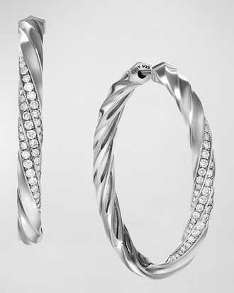 David Yurman Cable Edge Hoop Earrings with Diamonds in Silver, 4mm, 1.5L
