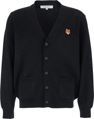 Maison Kitsun&eacute; Fox Head Cardigan - Heren - Vesten - Zwart - XL - Wol - Truien & Vesten