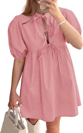 Generic Puff Sleeve Dress for Women Summer Short Sleeve Tie Front Mini Dress Casual Cute Babydoll 2025 Pink