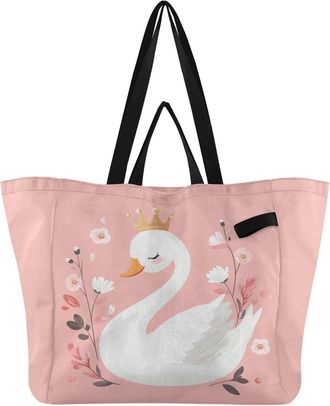 Generic Pink Swan Floral Blossom print Reusable Canvas Tote Bag, Heavy Duty Grocery Shopping Bag with Double Handles Hard Bottom Large Capacity Work Groceries