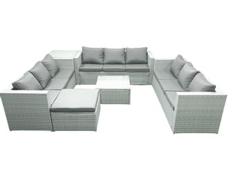 Fimous Rattan Garden Outdoor Furniture Set 10 Seater Rattan Garden Sofa Set with Big Footstool Side Table Light Grey Mixed