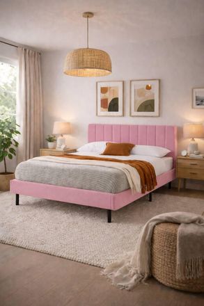 Aspire Home Accents Verona Velvet Bed Frame Padded Headboard Pink Navy Cream | Size: Small Double