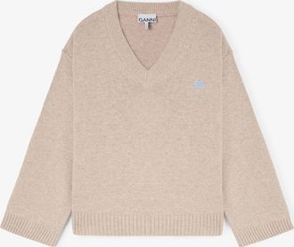 Ganni Beige Wool Mix V-neck Jumper - Size XXS/XS