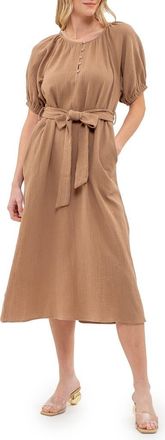 August Sky Puff Sleeve Midi Shirtdress in Tan at Nordstrom Rack, Size Medium