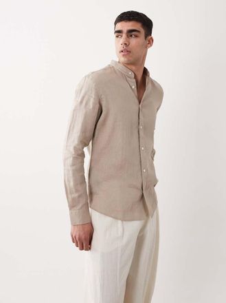 Mango Camicia beige 100% lino a maniche lunghe senza colletto-Neutro