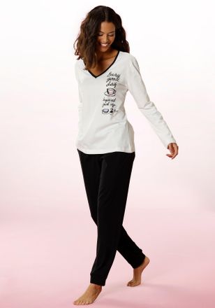 Vivance Pyjama VIVANCE DREAMS, Damen, Gr. 56/58, schwarz (ecru, schwarz), Single Jersey, Graumeliert (Obermaterial): 90% Baumwolle, 10% Polyester. Obermateria