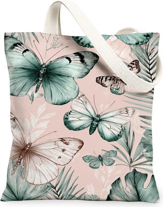 Generic Butterfly Floral Canvas Tote Bag, Elegant Butterfly Pattern Reusable Grocery Bag, Spring Vintage Lightweight Washable Shoul, Peach, 13x15 Inch