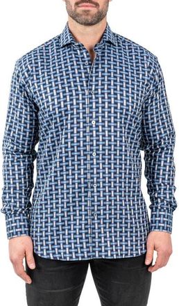 Maceoo Einstein Jacqdigiweave Blue Contemporary Fit Cotton Blend Button-Up Shirt at Nordstrom, Size 4