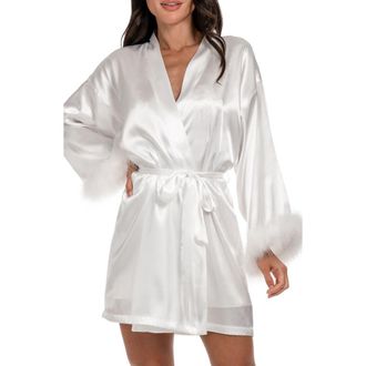 In Bloom by Jonquil Zayla Feather Trim Satin Robe in Ivory at Nordstrom Rack, Size X-Large