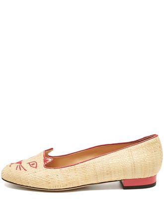 Charlotte Olympia raffia cat-embroidered flats - Neutrals