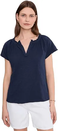 Mod-o-doc Short Sleeve Ruffle Henley Swing Top Womens Clothing Vibrant Navy : LG (US 12-14), Cotton