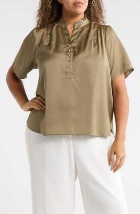 T Tahari Ruffle Split Neck Short Sleeve Top in Light Olive at Nordstrom Rack, Size 2 X