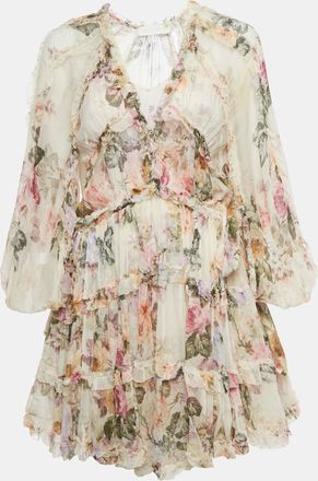 Zimmermann Beige Floral Print Silk Tiered Mini Dress