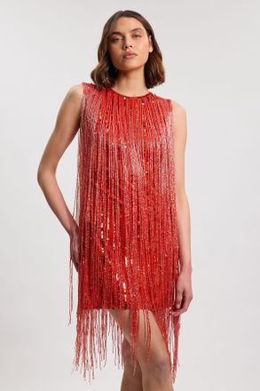 Karen Millen Womens Beaded Fringed Sleeveless Woven Midi Dress - Orange - Size 12 UK