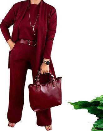 Generic Women Elegant Longline Cardigan and Top & Pants 3-Pieces Set,3 Piece Travel Outfits,Solid Formal Wide Leg Pant Suits (Red,3XL)