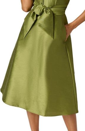 Adrianna Papell Sleeveless Tie Front Dupioni Midi Dress in Olive at Nordstrom, Size 18