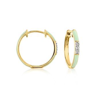 Ross-Simons Pastel Green Enamel Hoop Earrings With Diamonds in 18kt Gold Over Sterling