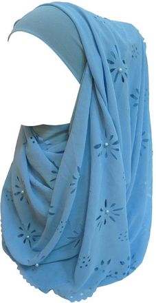 Lina & Lily Chiffon Muslim Hijab Head Scarf Laser Cut with Beads (Azure Blue)