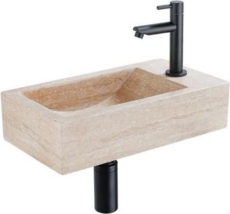 Saniclass Fuente Fonteinset - 40x22x10cm - kraangat rechts - fonteinkraan mat zwart - afvoerplug - verlaagd sifon - gemeleerd natuursteen