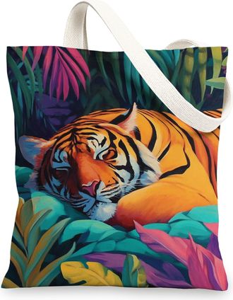 Generic Colorful Tiger Canvas Tote Bag, Artistic Reusable Grocery Bags, Lightweight Green Shoulder Strap Bags 13x15 Inch