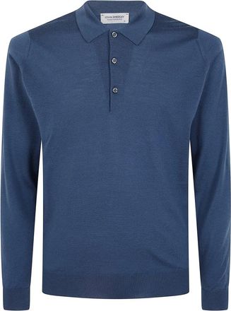 John Smedley Belper Long Sleeve Polo Shirt - Heren - Ronde hals truien - Blauw - M - Wol - Truien & Vesten