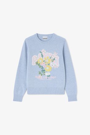 Ganni Blue Bonnet Jumper with Flowers - Size XXS Wool
