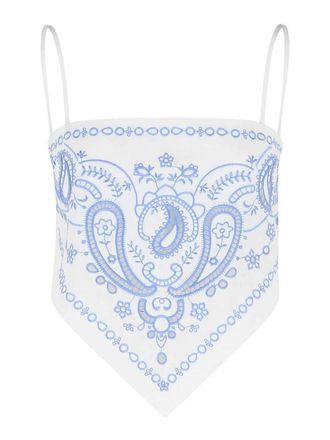 Self Portrait Embroidered Top In White And Blue Linen Blend