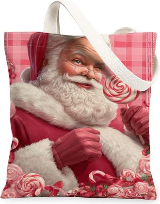 Generic Santa Claus Canvas Tote Bags, Holiday Candy Pattern Reusable Grocery Bags, Winter Joyful Lightweight Washable Shoulder Stra, Peach, 13x15 Inch