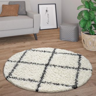 Paco Home Paco Home - Alfombra Pelo Largo Redonda Sal&oacute;n Moderna Shaggy Escandinava Rombos &Oslash; 160 Cm Redon, Crema