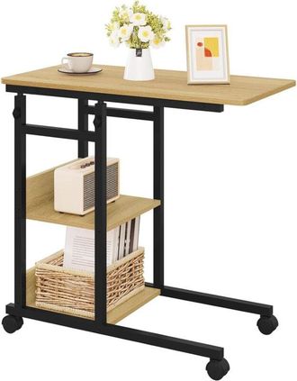 Woltu Woltu - Tavolino Salotto Moderno Lato Divano da Caffè Forma c in in Legno e Metallo, Rovere Chiaro + Nero