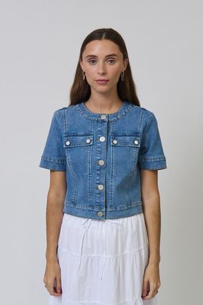 Central Park West Serena Short Sleeve Denim Jacket in Medium Wash at Nordstrom, Size X-Small