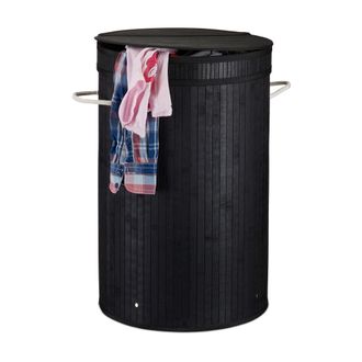 Relaxdays 3x Cesto Ropa Sucia Con Tapa, Cubo Colada Plegable, Redondo, Bamb&uacute;, 65 Litros, &Oslash; 40 Cm, Negro