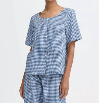 Ichi Jilma Short Sleeve Blouse In Sodalite Blue White Check