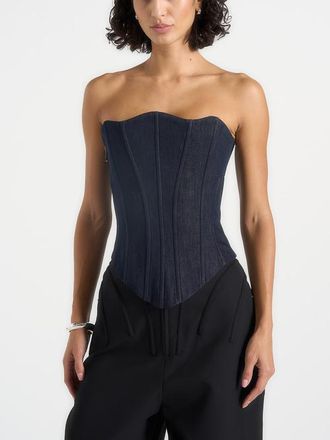 Mani&egrave;re De Voir Scarlett Denim Lace Up Corset in Blue at Nordstrom, Size X-Small