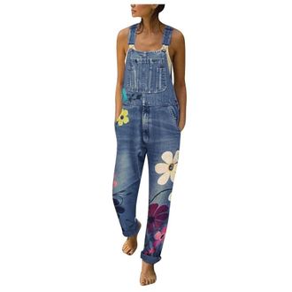 Generic IQYU Jeans Dungarees Womens Long Flowers Dungarees Womens Jeans Baggy Jumpsuits Printed Trouser Suit Lightweight Dungarees Stretch Hip Jeans Vintage W