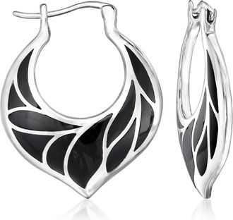 Ross-Simons Onyx Leaf-Pattern Hoop Earrings in Sterling Silver